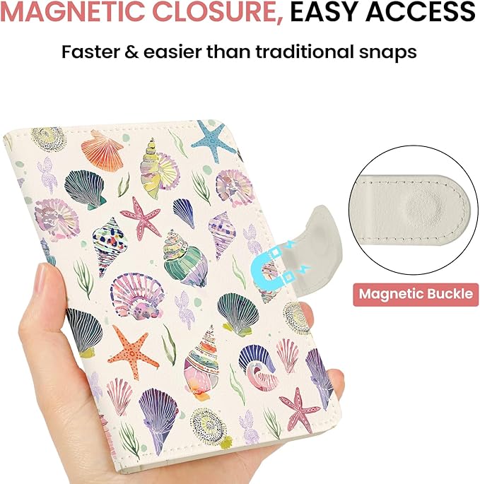 Passport Holder for Travel Essentials, RFID Blocking Leather Cover Wallet with Magnetic Closure, Aesthetic & Cute Passport Book Case for Women and Men - Seashell