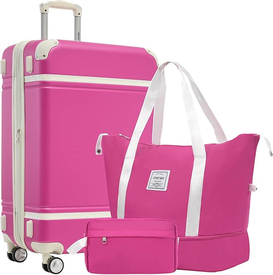 Merax 28 Inch Checked Luggage, Expandable Suitcase with Spinner Wheels, Hard Shell Vintage Luggage Set with TSA Lock(Pink)