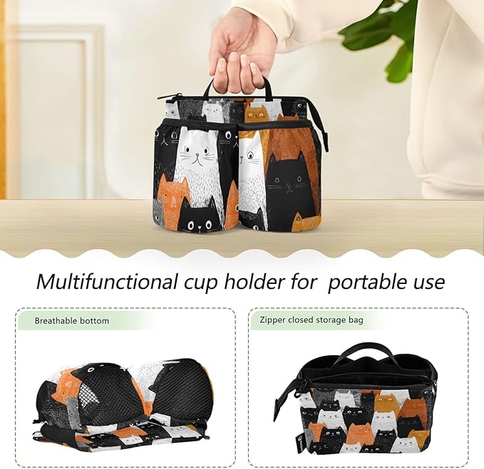 Luggage Cup Holder for Suitcases Free Hands Travel Cup Holder Portable Suitcase Cup Drink Holder Luggage Cup Caddy Bag Carrier Black and White Orange Cat