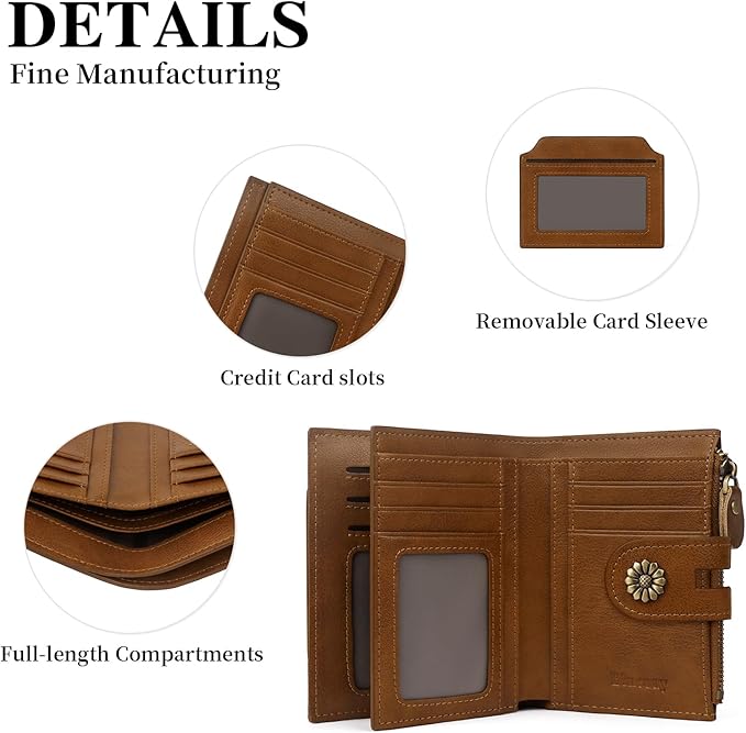 Wallet Women,RFID Blocking Leather Womens Wallet Bifold Compact Card Holder Small Wallet for Women with Removable ID Window zsbrown