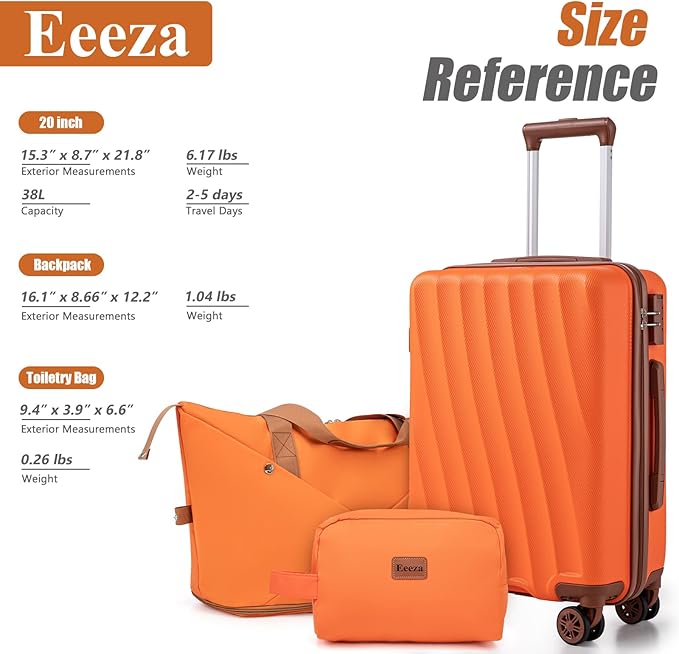 Carry on Luggage Sets 22x14x9 Airline Approved Durable Travel Luggage Suitcases with Wheels,ABS Hard Case Suitcases with Spinner Wheels,(Orange,3 Piece Sets(20"/DB/TB))