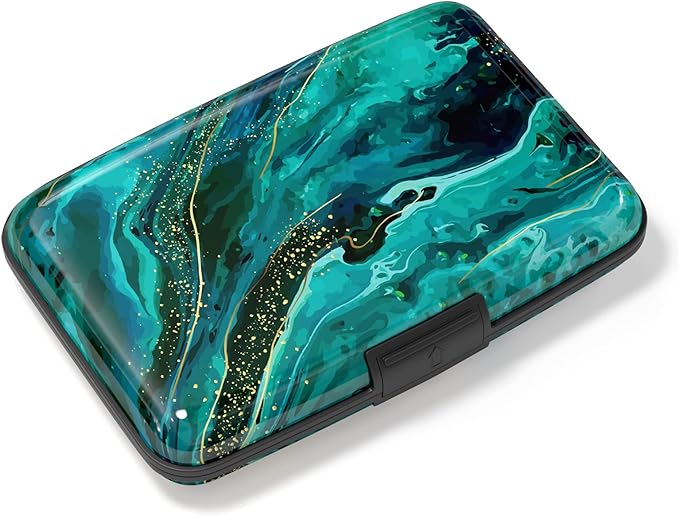 Credit Card Holder, Mini Aluminum Card Wallet RFID Blocking Slim Metal Hard Card Case for Women Men, Ocean Marble