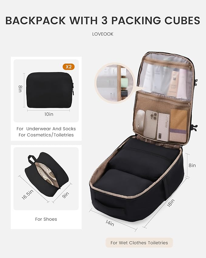 LOVEVOOK Travel Backpack,40L Carry On Backpack Large Fits 17.3" Laptop,TSA Personal Item Travel Bag with 3 Packing Cubes,Water Resistant Laptop Bag Travel Essentials for Weekender Business Hiking