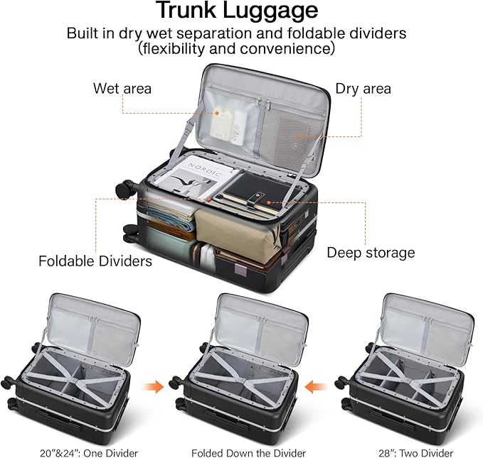 Hanke 20 Inch Carry On Luggage with Cup Holder and Charge,Top Opening Hard Shell Suitcases with Wheels and Dividers,Aluminum Frame Trunk Luggage Small Suitcase with Lock for Travel,Jet Black