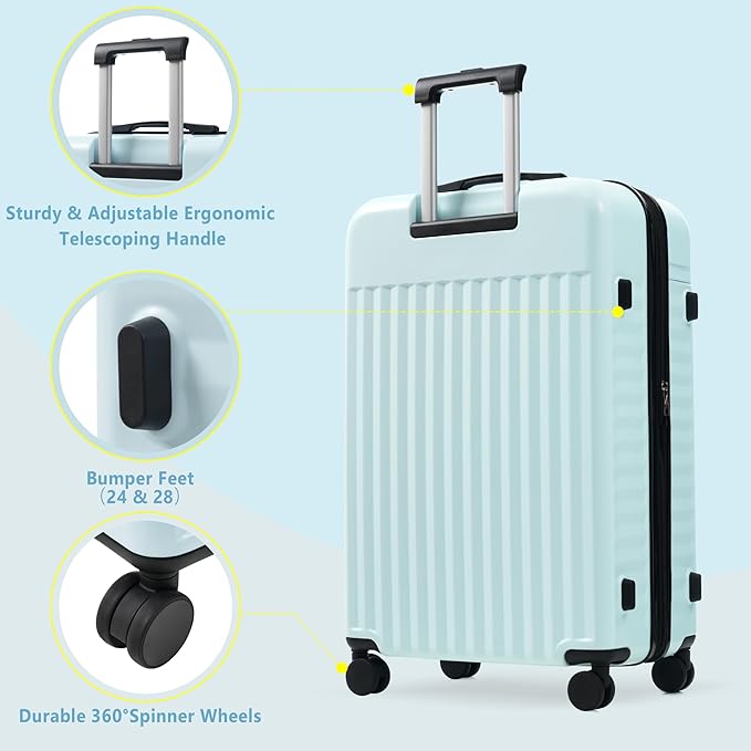 Merax Luggage Sets 2 Piece Front Opening, Hardside Lightweight Carry on Suitcase with USB Port,Durable Expandable Luggage with Bags Spinner Wheels and TSA Lock,Light Blue