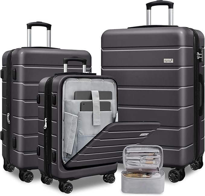 SmileLine 3-Piece Luggage Set Lightweight Hardside Suitcase TSA Lock Spinner Wheels, 20" Expandable Carry-On Luggage with Quick Access Front Open Pocket, Bonus Makeup Bag,Grey