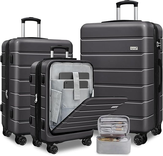 SmileLine 3-Piece Luggage Set Lightweight Hardside Suitcase TSA Lock Spinner Wheels, 20" Expandable Carry-On Luggage with Quick Access Front Open Pocket, Bonus Makeup Bag,Grey