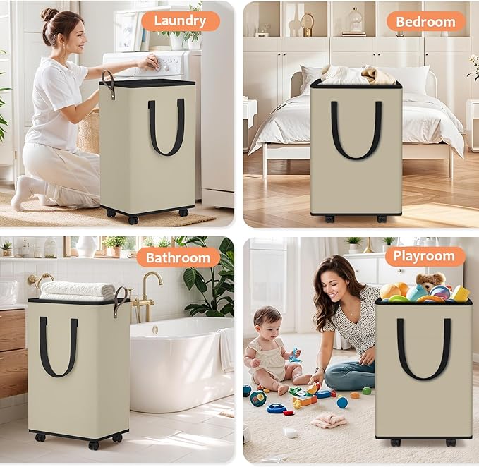 Laundry Basket with Wheels, Collapsible Laundry Baskets, Laundry Hamper with Handles Detachable Wheels, Rolling Laundry Basket, Dirty Clothes Hamper for Bathroom, Dorm, Bedroom, Beige, 100L