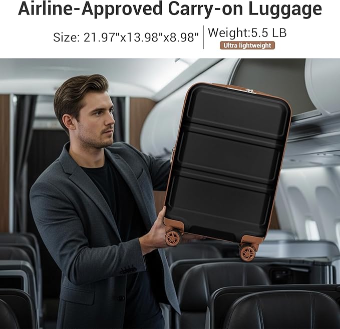 Kono Carry On Luggage 22x14x9 Airline Approved with Spinner Wheels,Lightweight PC+ABS 20 Inch Luggage with TSA Lock,Expandable Hard Shell Carry On Suitcases for Men Women,Black/Brown