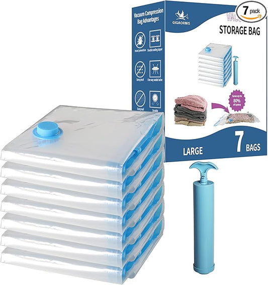 7 Pack Large Space Saver Vacuum Storage Bags for Clothing Travel, Vacuum Seal Compression Bags for Clothes, Packing, Luggage, Blankets, Comforters and Pillows, Hand Pump Included