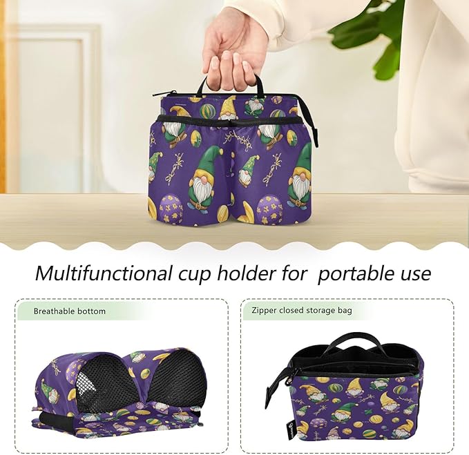 Luggage Cup Holder for Suitcases Free Hands Travel Cup Holder Portable Suitcase Cup Drink Holder Luggage Cup Caddy Bag Carrier Mardi Gras Gnomes
