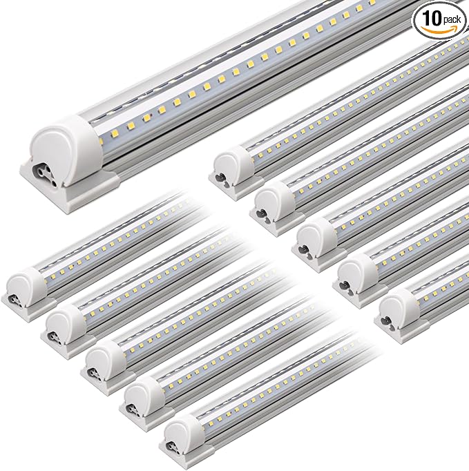 Barrina T8 LED Shop Lights 5FT, 50W 6500LM 5000K, 10 Pack, High Output Tube | 5 Foot for Garage Workshop and Workbench Use, Daylight White, Easy Ceiling Mount, Linkable to 5, Aluminum V Shape Clear Cover