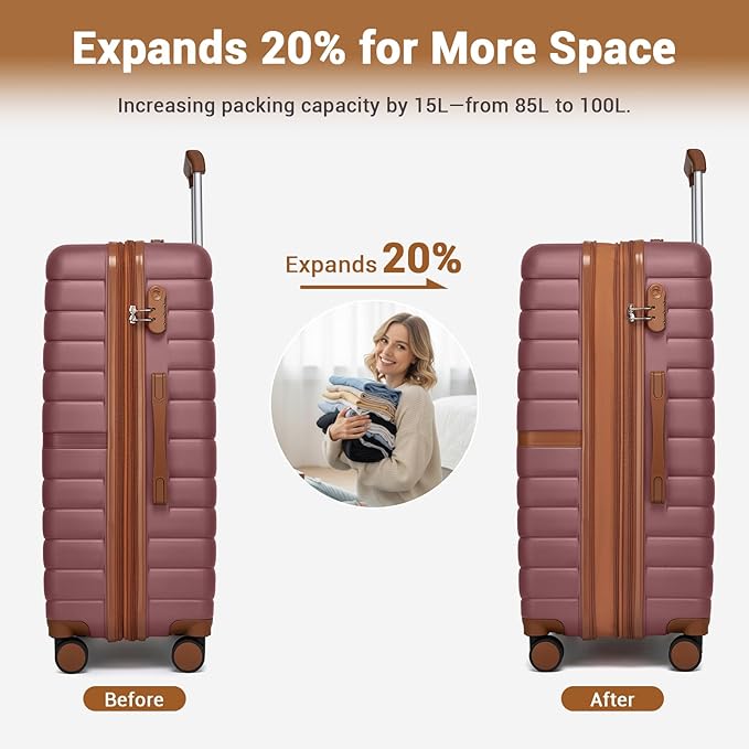 Kono Expandable 28 Inch Luggage with Spinner Wheels, Large Checked Luggage with Lock, Lightweight & Anti-Scratch PC+ABS Hardshell Travel Suitcase, Burgundy/Brown