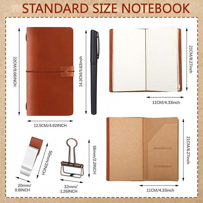 Thenshop Travelers Refillable Leather Journal Notebook Travel Diary Handmade Passport Travelers Journal for Men and Women with 3 Notebook Inserts, Pen Holder, Binder Clip(Brown,Stand Size)