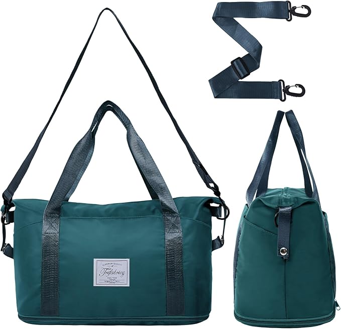 Trifabricy Travel Duffel Bag - Large Shoulder Weekender Overnight Bag, Carry on Bags with Wet Pocket, Waterproof Expandable Duffel Bags with Trolley Sleeve, Sports Tote Gym for Women, Peacock blue