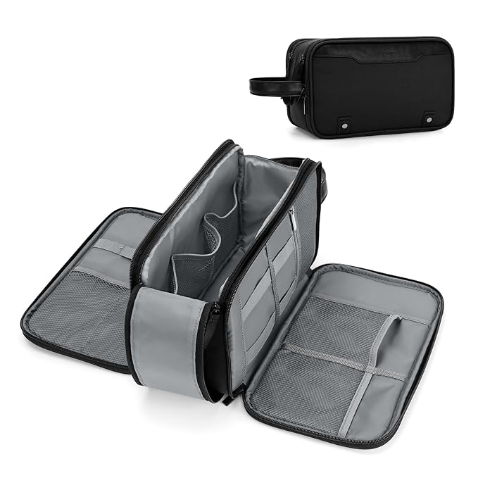 Wedama Toiletry Bag for Men, Large Hanging Travel Toiletry Bag, Extra Electronic Organizer Bag Waterproof Shaving Bag for Toiletries with PU Handle for Travel Business Trips Swim Camping, Black