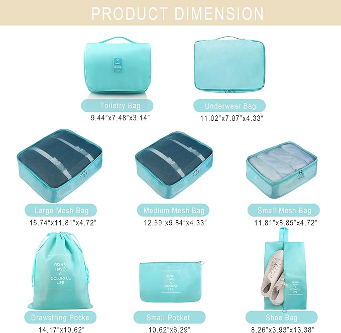 Packing Cubes, 8 Pcs Travel Packing Organizers for Suitcases, Large Capacity Travel Luggage Organizers Set includes 8 Storage Bags (Sky Blue)
