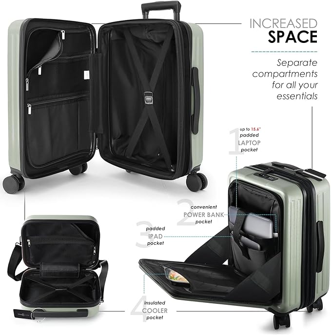 20 Inch Carry On Luggage 22x14x9 Airline Approved, Carry On Suitcase with Wheels, Hard-shell Carry-on Luggage, Durable Luggage Carry-On, Sage Green Small Suitcase with Cosmetic Case