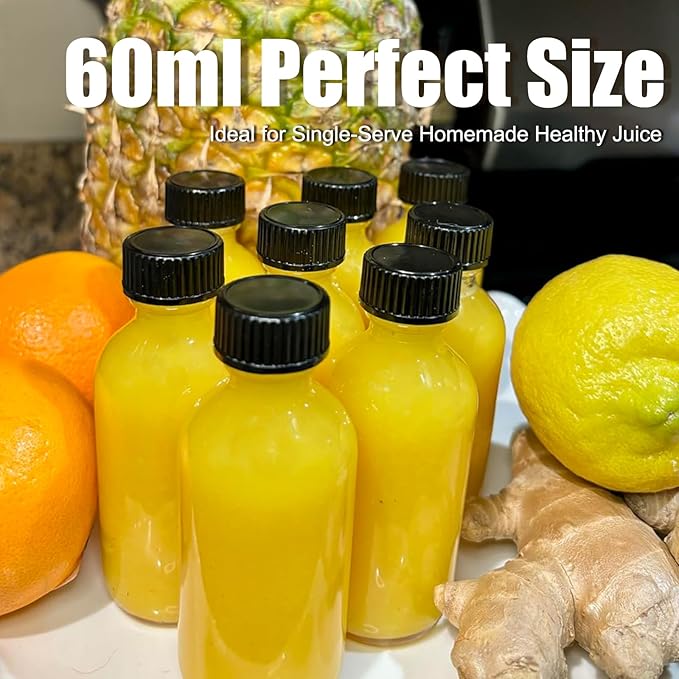 2 oz (60ml) 15 Pack Leak-Proof Clear Glass Boston Round Bottles with lids - Mini Travel Containers for Ginger Shots, Juice, Whiskey, Samples | W/Labels, Funnels & Brushes