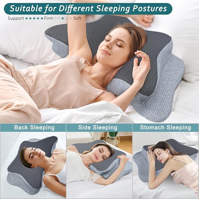 Cervical Pillow for Neck Pain Relief, Memory Foam Pillows, Ergonomic Contour Bed Pillow, Soft for Side Sleep Stomach Sleeping and Back Sleepers-Queen Size Grey&Grey