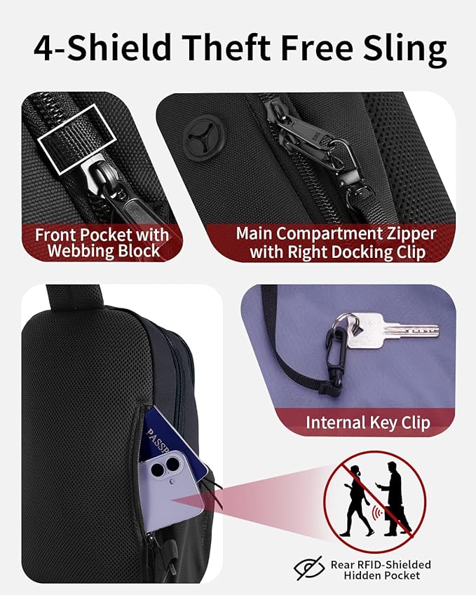 ECOHUB Anti-Theft Crossbody Bag Men Women, RFID Blocking Lightweight Sling Backpack Eco-Friendly with 9 Pockets Sturdy SBS Zippers Water Resistant for Travel Work Hiking Outdoor, Black
