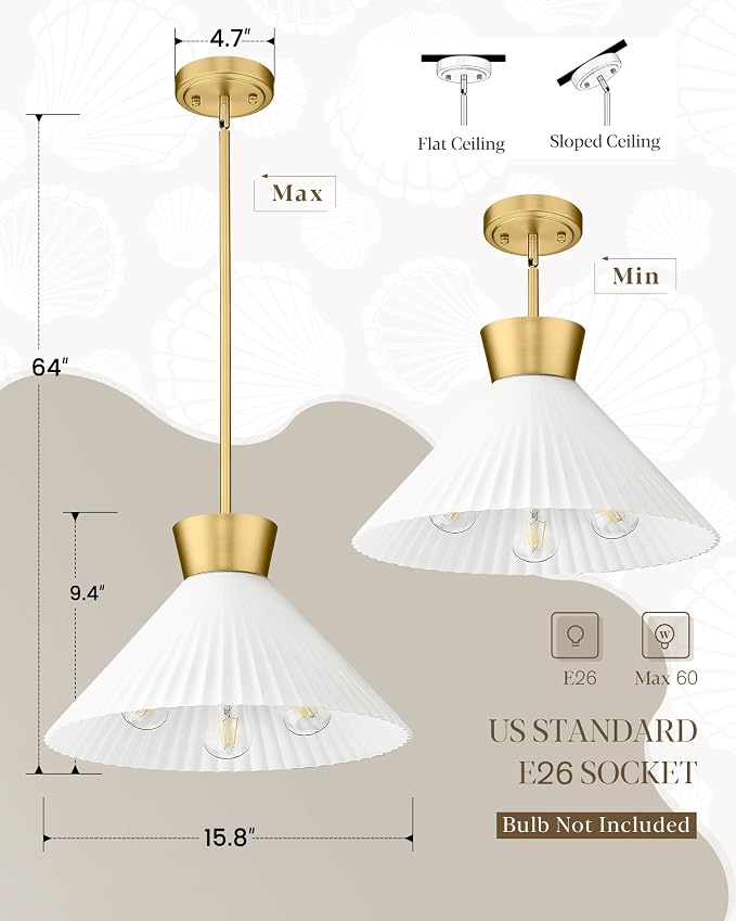 HWH 16-Inch Large Island Lighting, Frosted Striped Glass, 5HZG98MIL-M BG | 3 Light, Max 60W Each, ETL Listed, Sloped Ceiling Compatible, Adjustable Hanging Height, For Dinning Room Schoolhouse