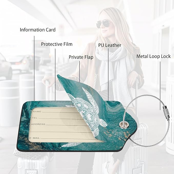 2 Pack Luggage Tag Green sea Turtle Travel PU Cute Leather Luggage Tag Name ID Labels with Privacy Cover Suitcases Women Men Girls Boys Fun Laggage Tags (Green sea Turtle)