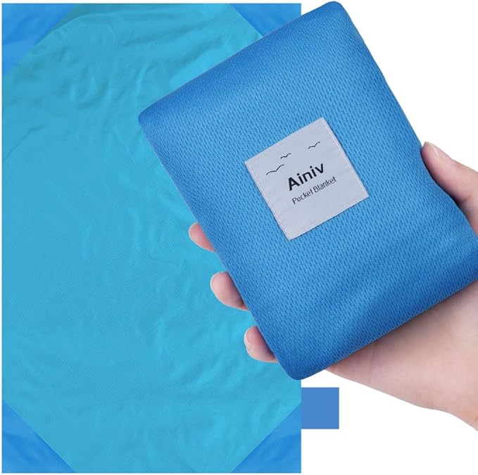 Ainiv Picnic Blanket, Mini Pocket Beach Mat 78.8 x 82.7IN (5-7 People) Foldable, Lightweight Waterproof Sand Free, Foldable Thin Ground Sheet for Outdoor Camping Hiking Travel - with Hand Strap
