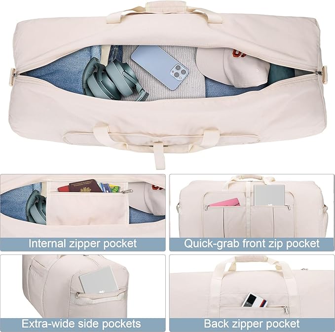 80L Large Duffle Bag for Travel, 26' Travel Duffel with Shoe Compartment, Foldable Collapsible Overnight Gym Weekender Bag for Men Women, Waterproof & Tear Resistant (Beige, 80L)
