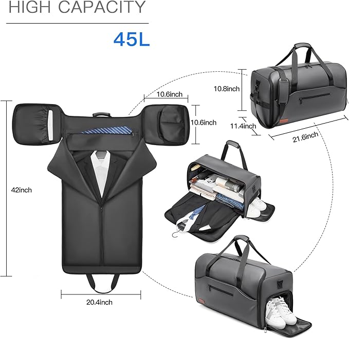 Garment Bags for Travel,45L Carry on Convertible Garment Duffle bag for Men Women - 3 in 1 Hanging Suit Travel Bag with Shoulder Strap