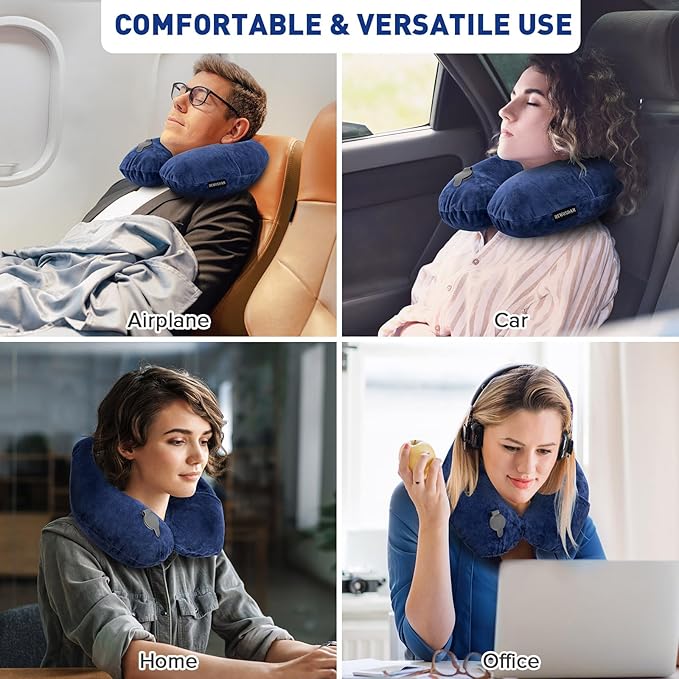 Rewondah Neck Pillows for Travel, Inflatable Travel Pillow, Inflatable Neck Pillow for Traveling Airplane with Soft Velour Washable Cover, U Shape Blow Up Neck Pillow for Airplanes Train Car Travel