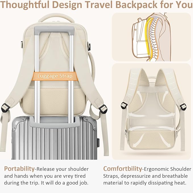 Carry on Backpack for Women TSA Approved 15.6 Inch Travel Laptop Backpack for Women Travel Essentials Foldable Womens Travel Backpack Suitcase Beige