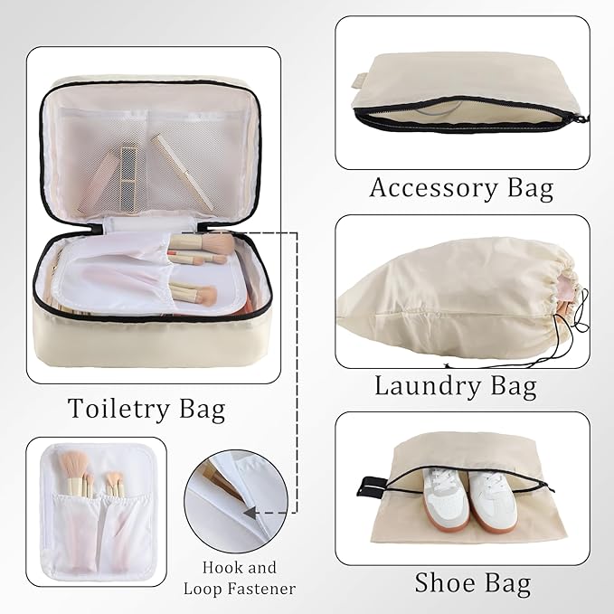 U+U 10 Set Compression Packing Cubes - Ultralight Cream Travel Organizers with Laundry Bag, Space-Saving Suitcase Organizer, Expandable Packing Cubes for Travel and Family Vacation (Cream)