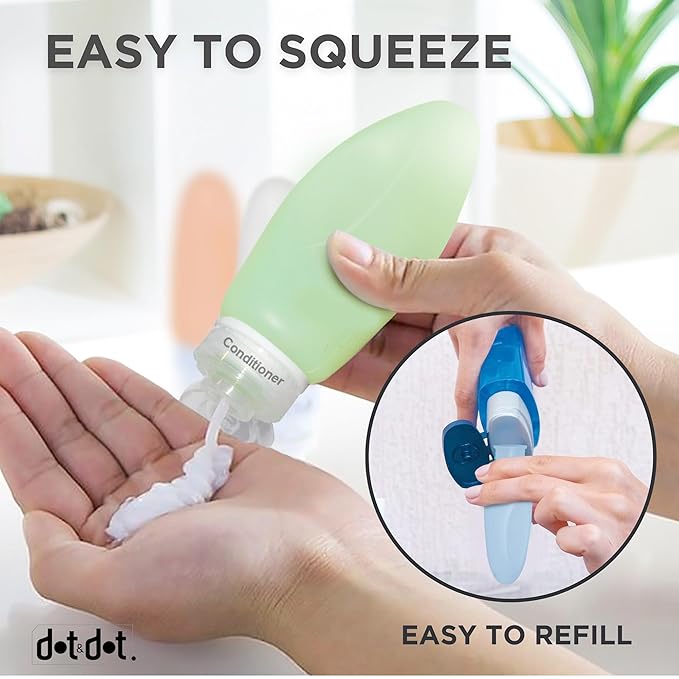 Dot&Dot Leak Proof TSA Approved Travel Bottles for Toiletries - 3oz Shampoo and Conditioner Travel Size Containers - Silicone and Labels