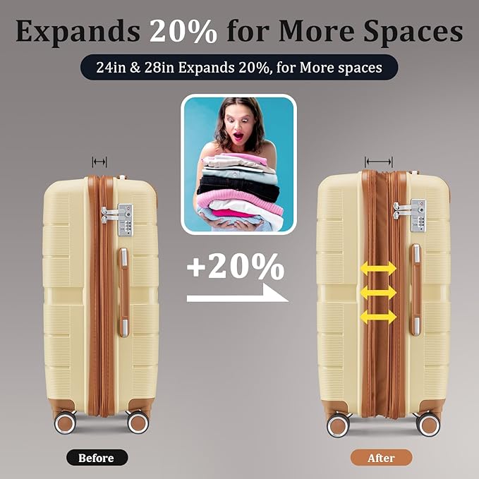 4 Piece Expandable Hardshell Pink Luggage Sets with Spinner Wheels, Lightweight Travel Suitcase Set with TSA Locks, 20 inch Carry On for Women (Apricot, 4 Piece Set)