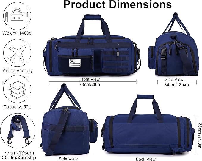 LHI 50L Tactical Duffle Bag for Men, 3-in-1 Gym Duffle and Backpack, Shoe Compartment, Laptop Sleeve and MOLLE, Carry-On Travel Weekender and Overnight Bag – Blue