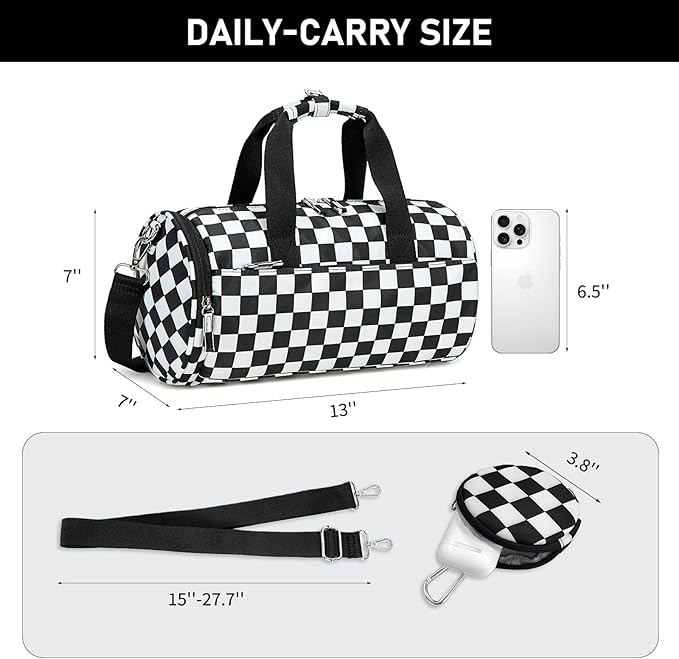 Mini Gym Bag for Women Girls Cute Small Duffle Bag 12'' with Multifunctional Pockets Workout Sport Bags Dance,Fitness,Yoga (Balck-white checkered)