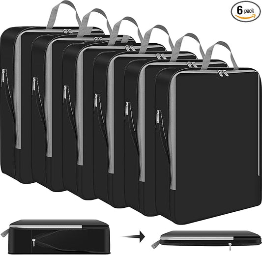 Hosuly 6 Pcs Ultralight Compression Packing Cubes for Travel 17.3 x 12.6'' XL Large Expandable Luggage Organizers for Save Space Family Long Trips (Black 01)