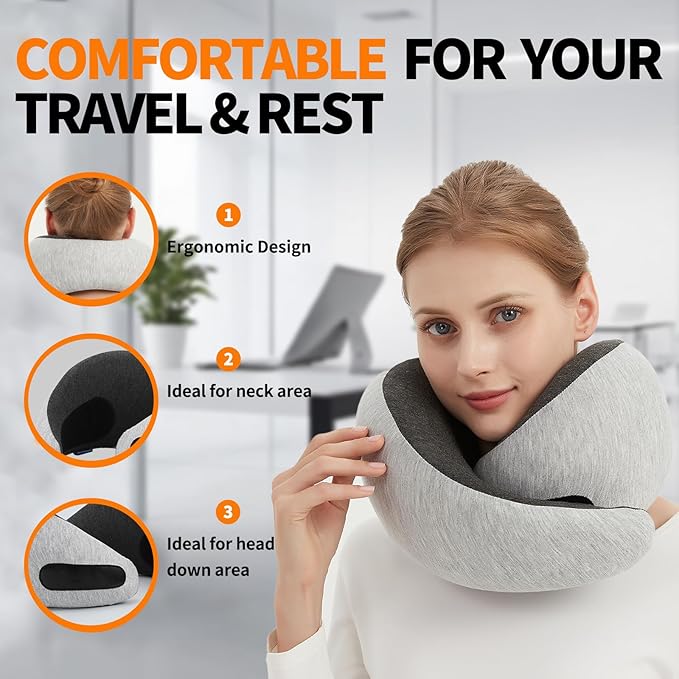 Travel Neck Pillow Airplane, Memory Foam Travel Pillows for Comfort on Sleeper Hold Compact and Ergonomic Design for Traveling Car Rides Home Road Trip Essentials for Adults and Kids (Grey)