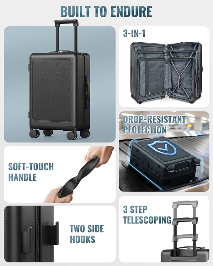 Joyway Luggage Sets 3 Piece with Spinner Wheels, Carry On Luggage 20In with ABS+PC Hardshell, Lightweight Suitcase Set with TSA Lock and Pressure-resistant Frame, 20/24/28 Inch, Black