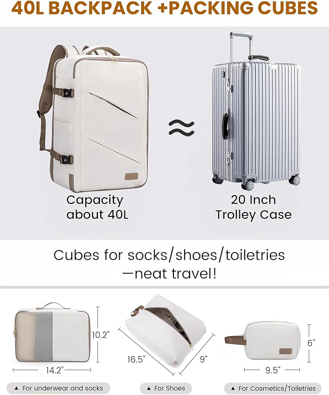 LOVEVOOK Travel Carry on Backpack, Large 40L Personal Item Travel Bag for Men & Women Flight Approved with 3 Packing Cubes, Suitcase Water Resistant Luggage Daypack Business Weekender Bag