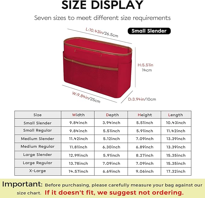 GIVLEFLY Small Purse & Handbag Organizer Insert with Zipper, Multiple Pockets and Handle, Lightweight Bag Divider,Red