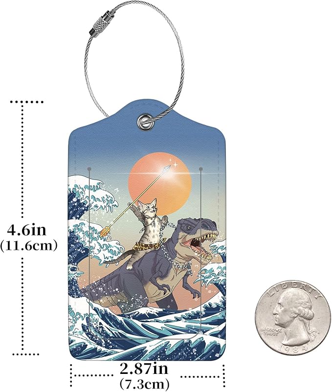 2 Pcs Luggage Tags for Suitcase, Cute Unique PU Leather Travel Bag Tag with Privacy Cover ID Label Address Card and Durable Metal Ring Suitable for Men Women Children Backpack,Cat Riding Dinosaur