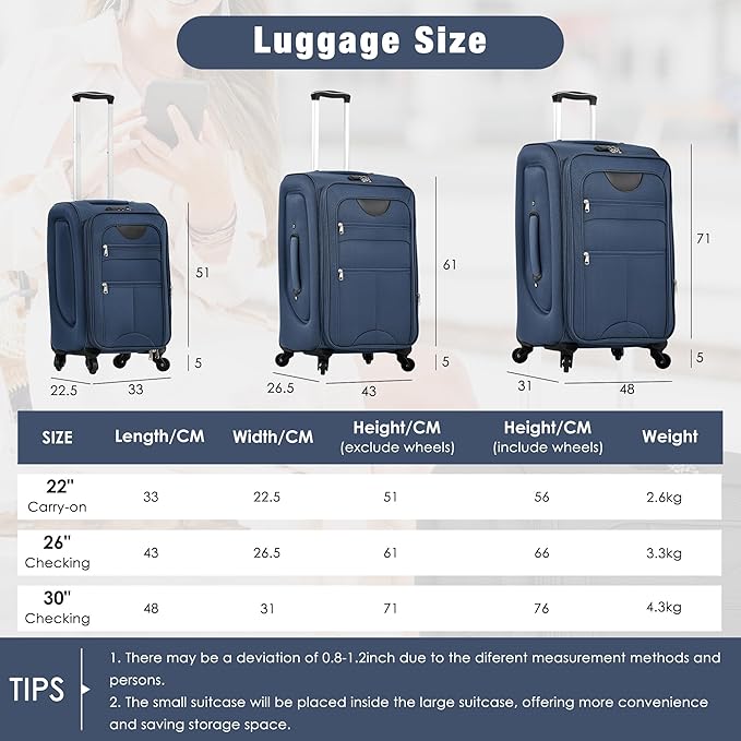 Dark Blue 5 Piece Softside Luggage Sets, Expandable Lightweight Suitcase Sets Double Softshell Spinner Wheels Travel Luggage Set for Women and Men
