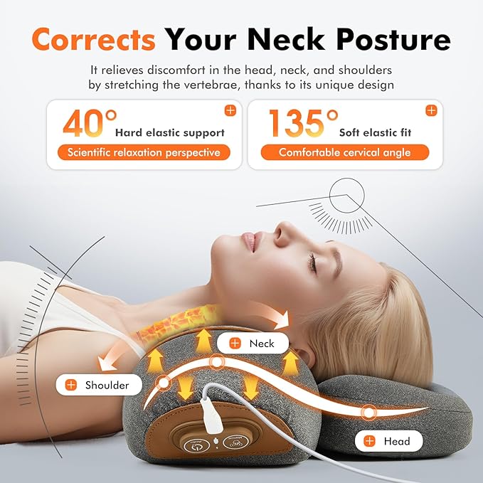 3-in-1 Neck Massager Pillow with Heating & Cervical Traction, Ergonomic Cervical Pillow for Neck Back Shoulder Pain Relief,Cervical Traction Suppor, Mathers Day Gifts (Gray)