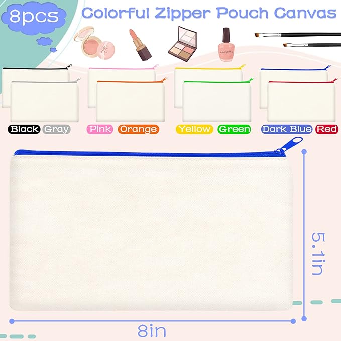 ZeeDix Canvas Pouch- Multi-purpose Cosmetic Bag with Zipper, DIY Craft Canvas Zipper Pouch Blank Makeup Bags Bulk Travel Toiletry Bag for Storage (8.3 x 5 inches)