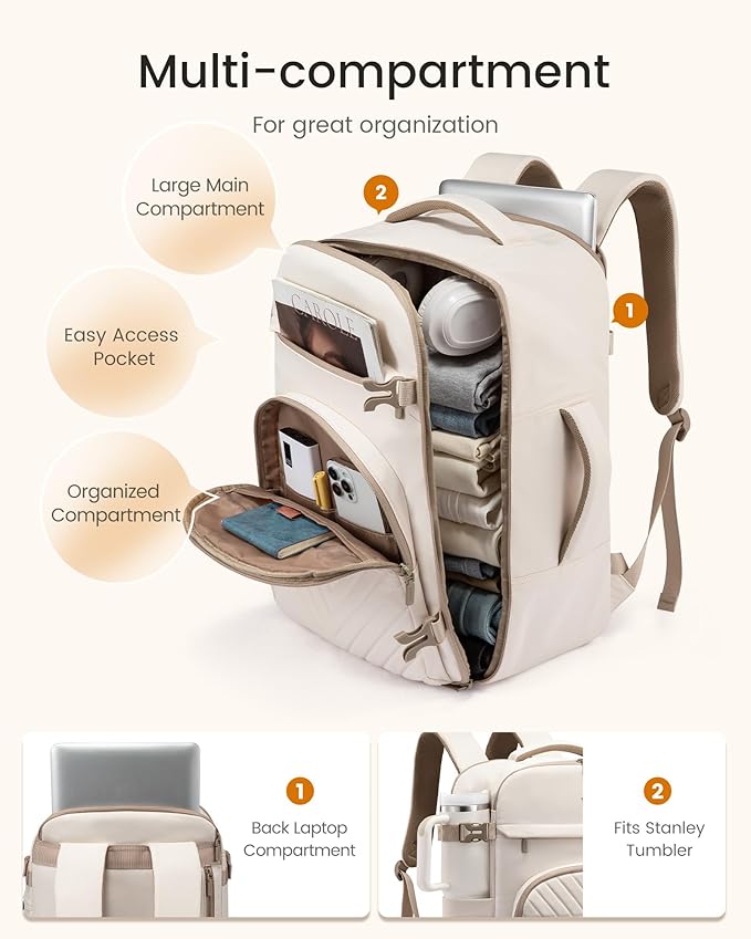 LOVEVOOK 50L Travel Backpack for Women Men, TSA Personal Item Travel Bag Fits 17.3inch Laptop, Waterproof Airline Approved Carry On Luggage With 2 Cubes for Weekender Hiking Business, Beige