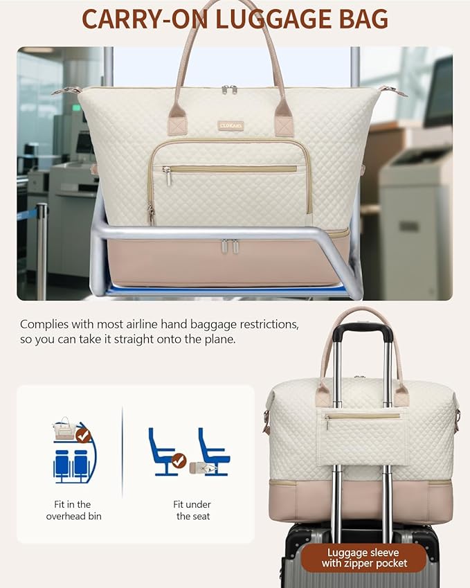 Weekender Bags for Women, Travel Duffle Bag Carry On Overnight Bag with Cosmetics Bag and Crossbody Purse for Gym Hospital, Gifts for Women, Beige Pink