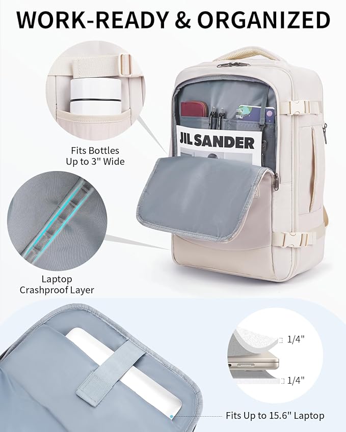 ECOHUB 17" Small Unisex Travel Backpack United Airlines Approved 17x10x9 Friendly Suitcase Anti-Theft Lockable Zippers Style Personal Item Bag Travel Essentials with 12 Pockets Water Resistant, White