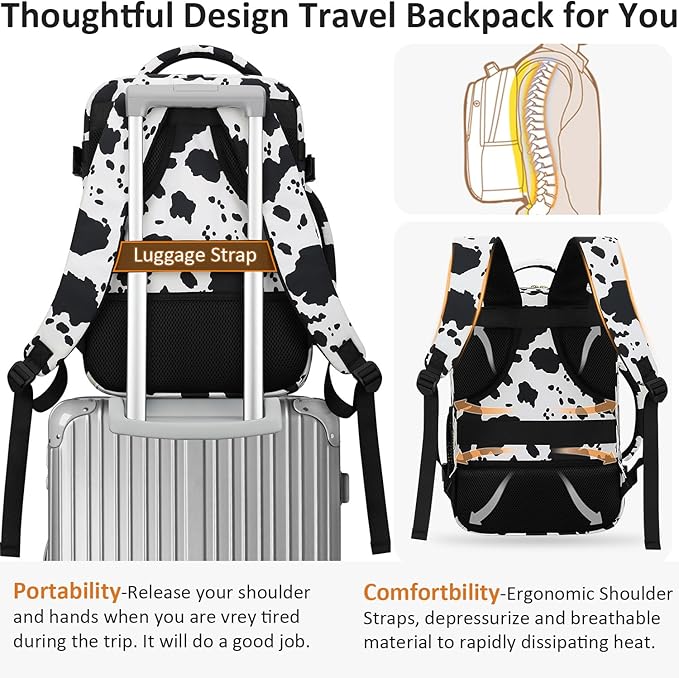 Carry on Backpack for Women TSA Approved 15.6 Inch Travel Laptop Backpack for Women Travel Essentials Womens Travel Backpack Cow Print